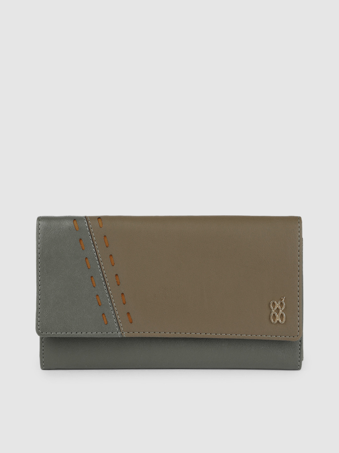 Baggit Women Grey & Olive Green Solid Cut Work Synthetic Three Fold Wallet