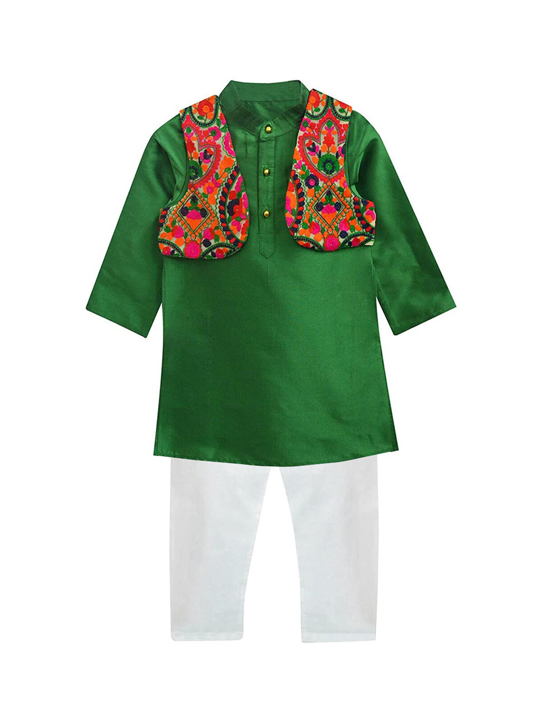 A T U N Boys Green Embroidered Paisley Kurta with Pyjamas