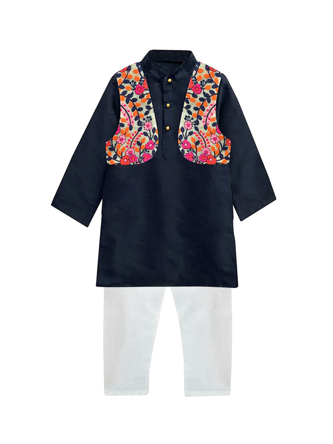 A T U N Boys Navy Blue Regular Kurti with Pyjamas with Jacket