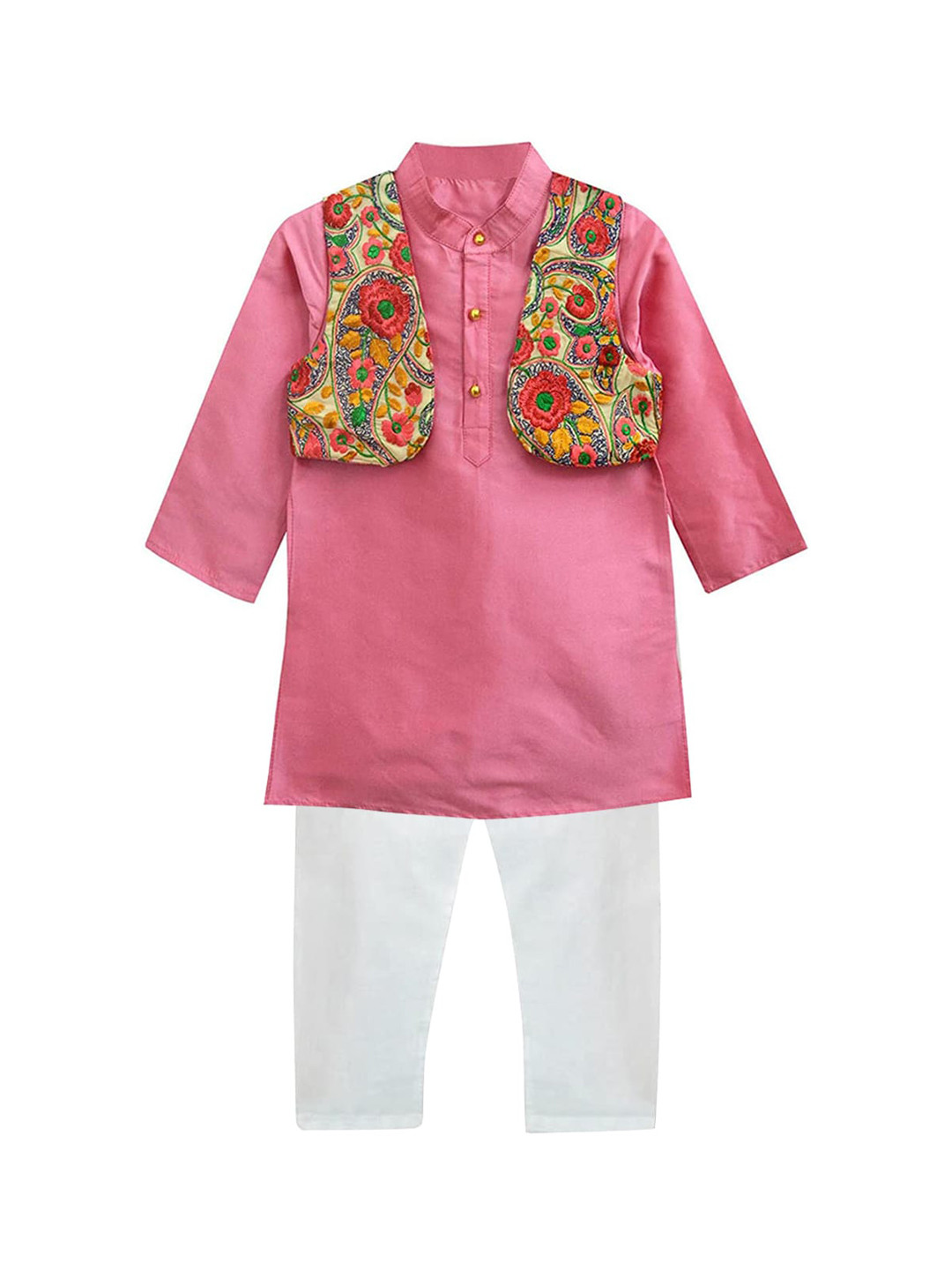 A T U N Boys Pink Floral Embroidered Empire Kurta with Pyjamas