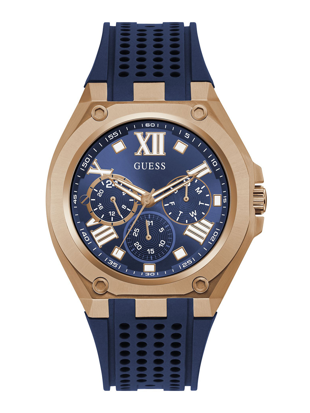GUESS Men Rose Gold-Toned Dial & Blue Straps Analogue Watch GW0363G2