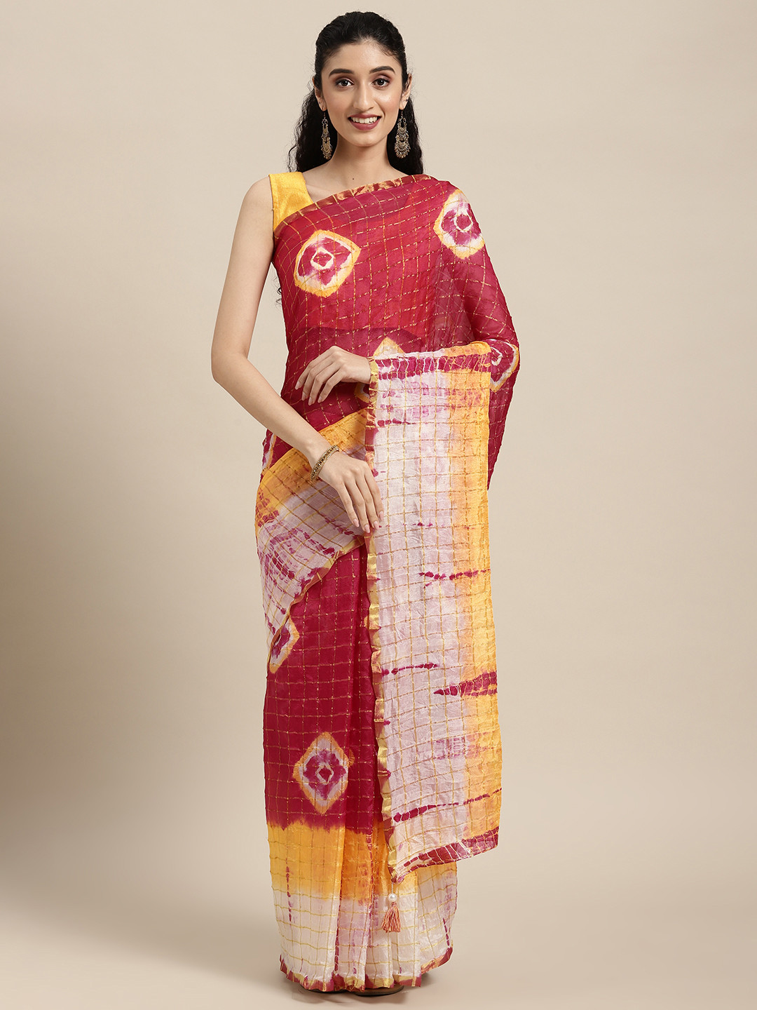 Geroo Jaipur Red & Yellow Bandhani Art Silk Bandhani Saree