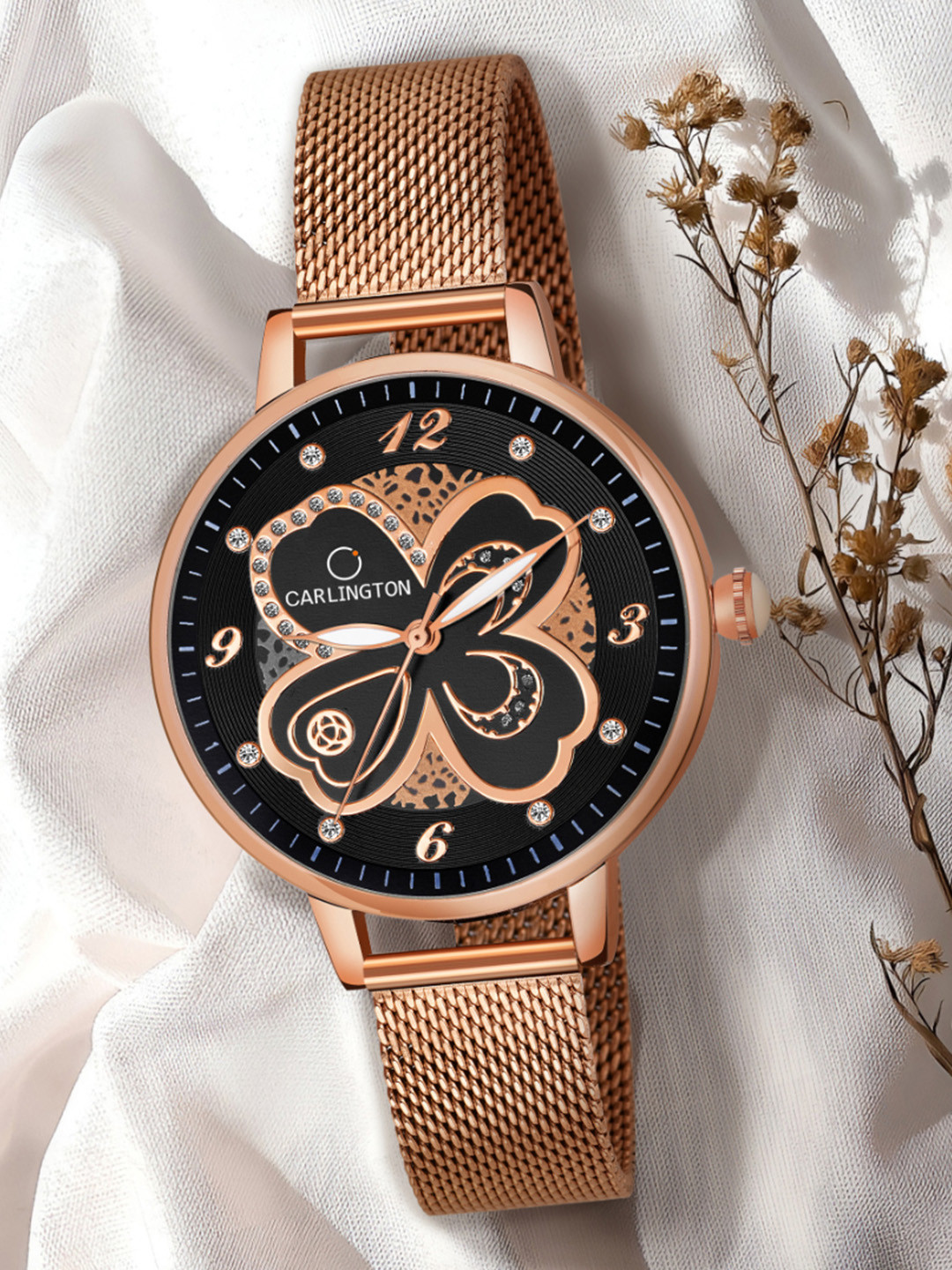 CARLINGTON Women Black Embellished Dial & Rose Gold Toned Straps Analogue Watch CT2019