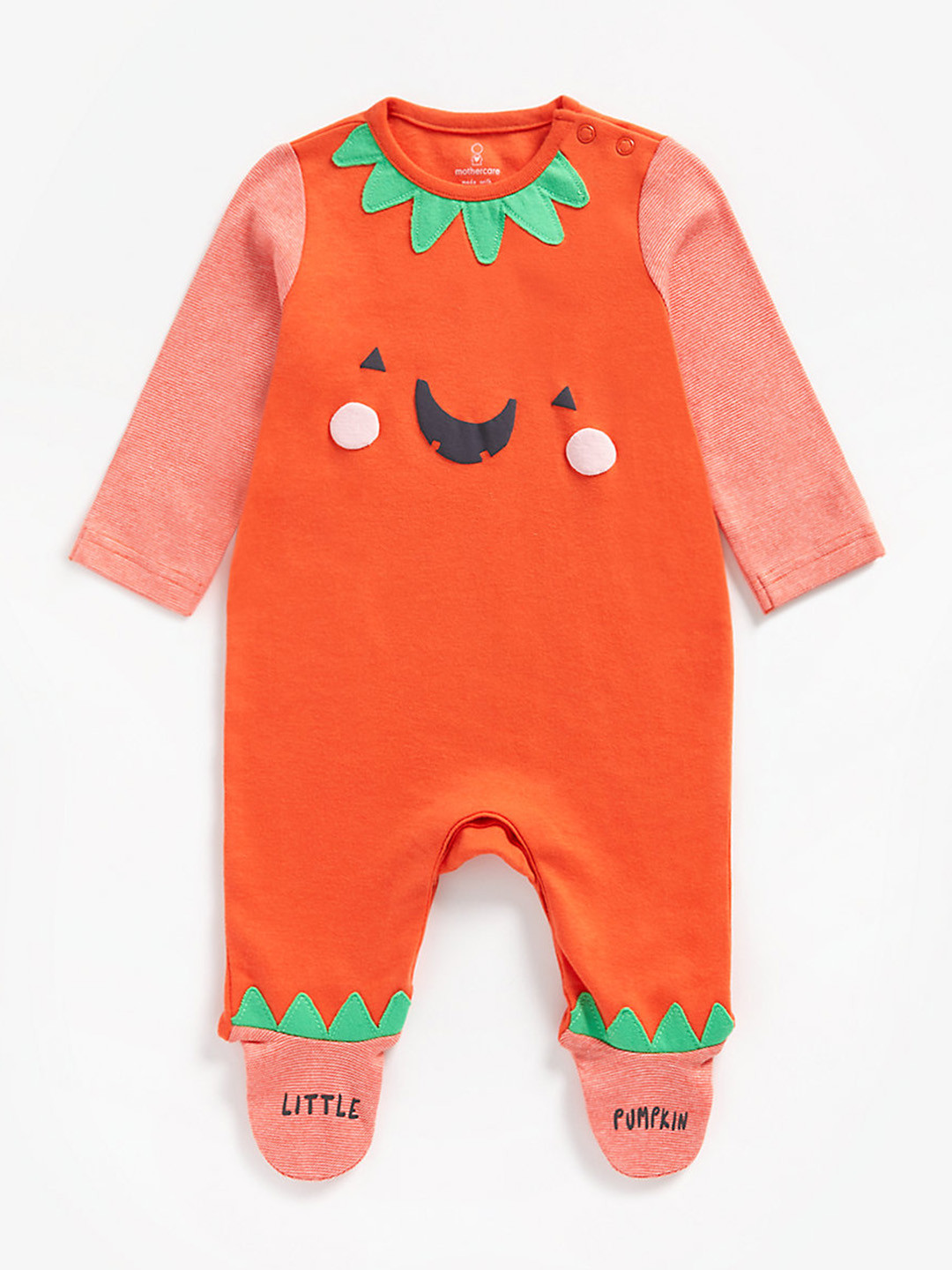 mothercare Kids Infants Orange Full Sleeves  Pumpkin Patchwork Sleepsuit