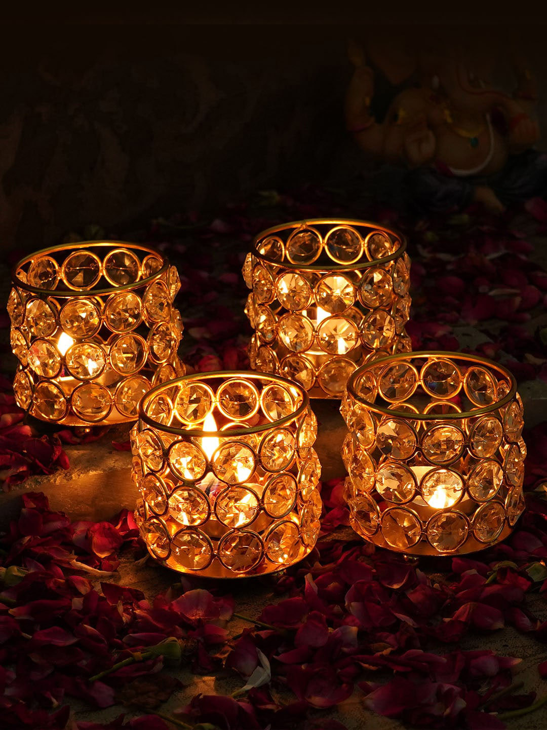 TIED RIBBONS Set Of 4 Gold-Toned & White Tea Light Candle Holders