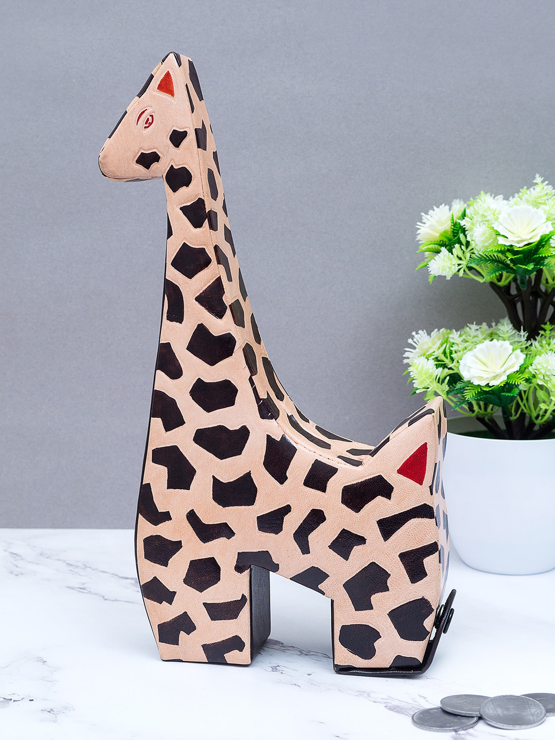 Golden Peacock Giraffe Beige Leather Natural Home Office Hand Made Medium Showpiece - 11.4 Inches