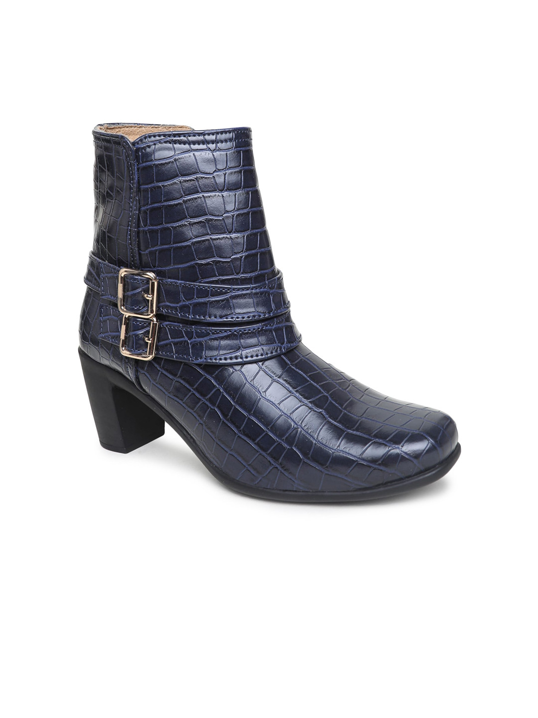 VALIOSAA Navy Blue Textured Block Heeled Boots