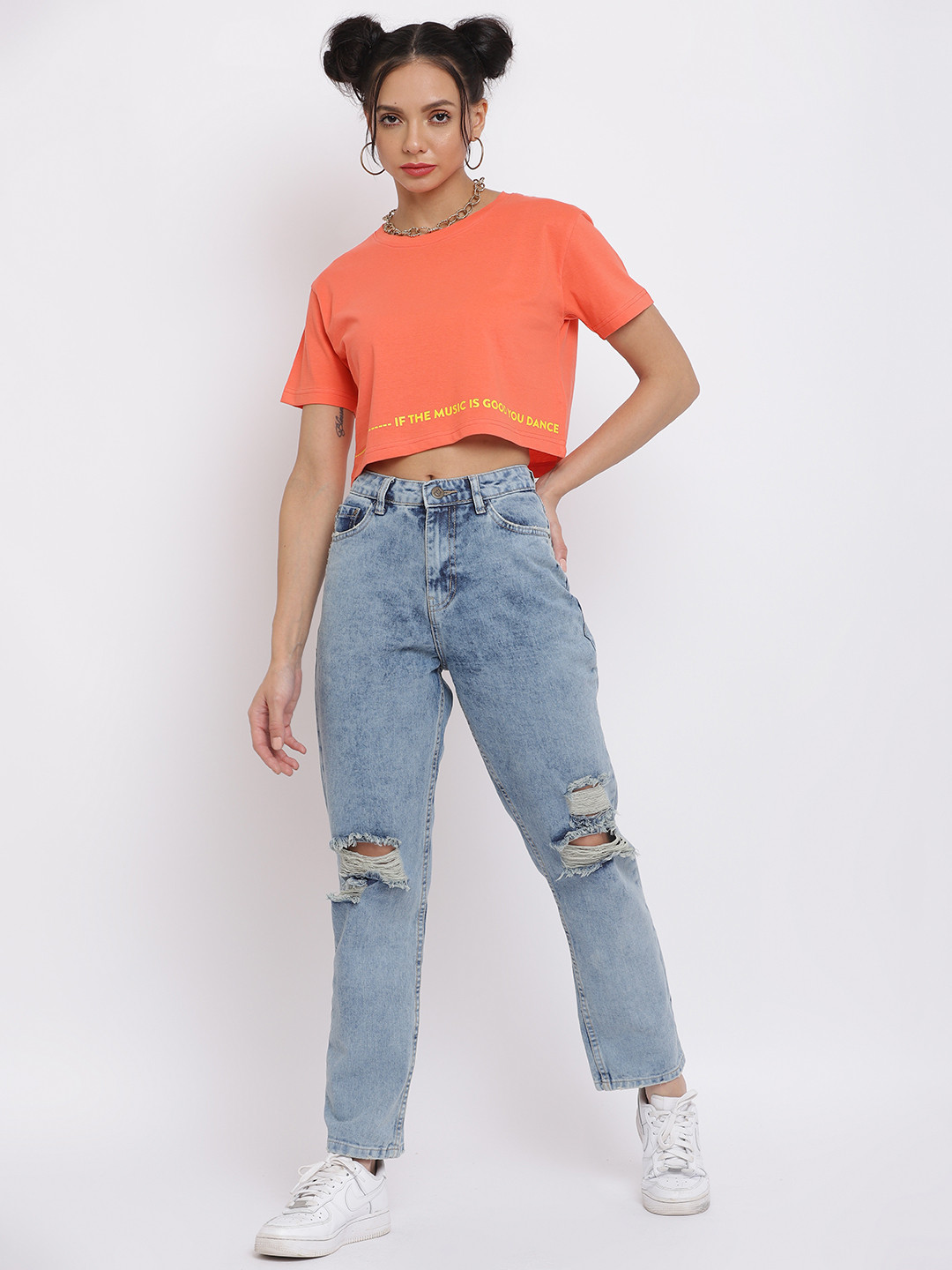Belliskey Women Peach-Coloured & Yellow Typography Crop T-shirt
