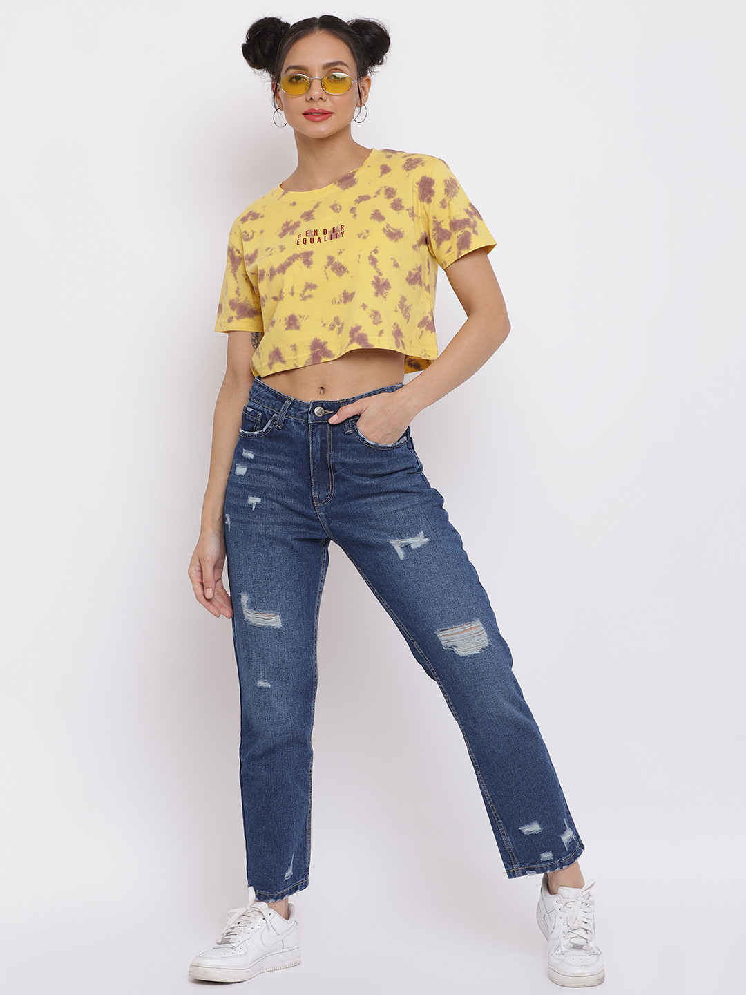 Belliskey Women Yellow & Purple Tie and Dye Crop T-shirt