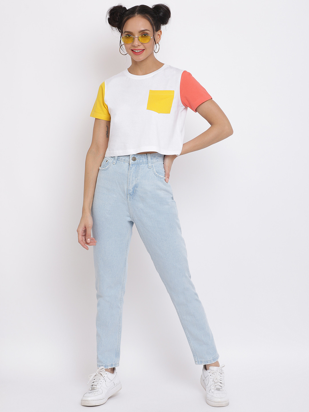 Belliskey Women White & Yellow Colourblocked Pockets Crop T-shirt