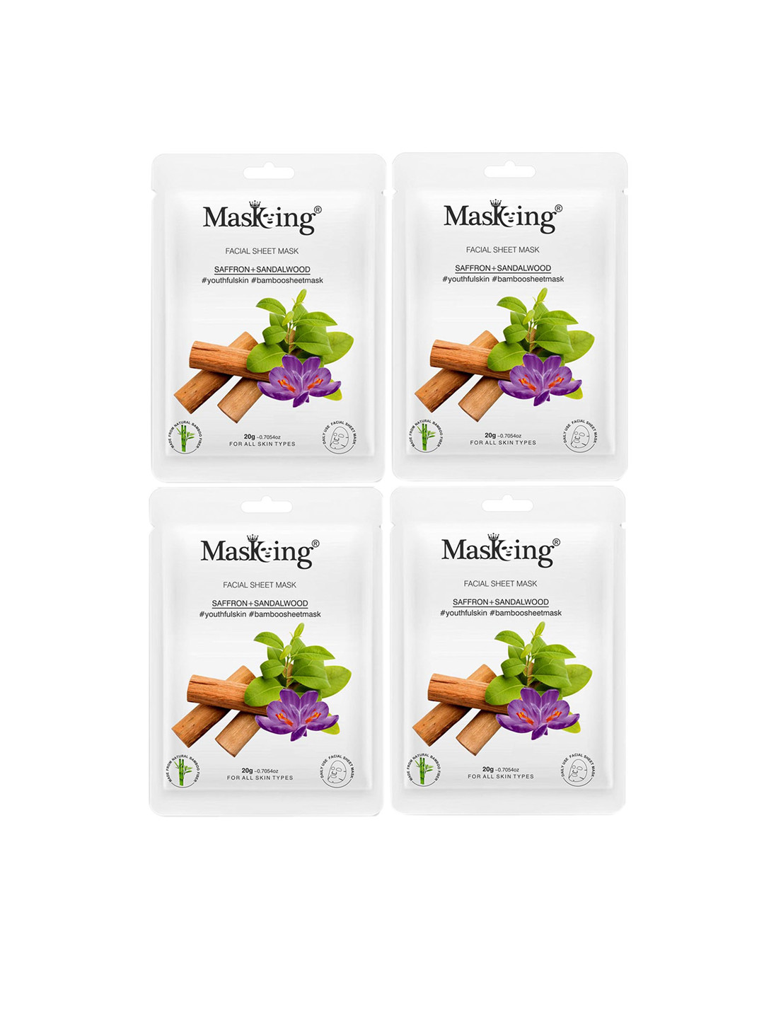 MasKing Unisex Pack Of 4 Saffron & Sandalwood Bamboo Facial Sheet Masks - 80 ml