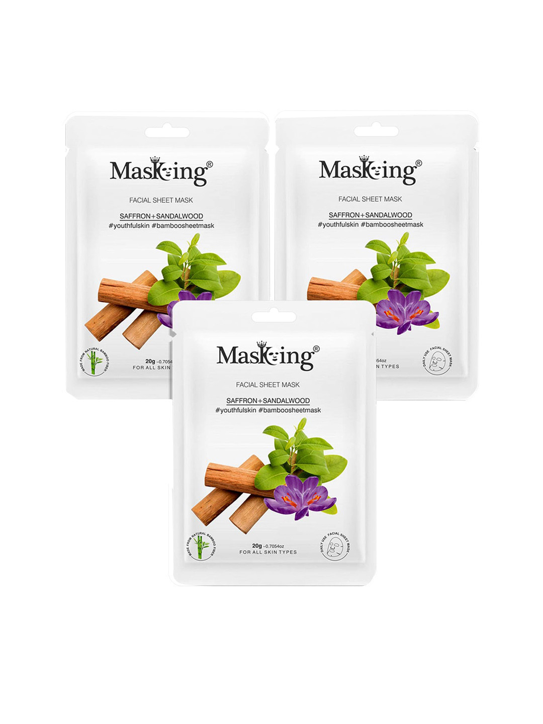 MasKing Unisex Pack of 3 Saffron & Sandalwood Bamboo Facial Sheet Masks - 60 ml