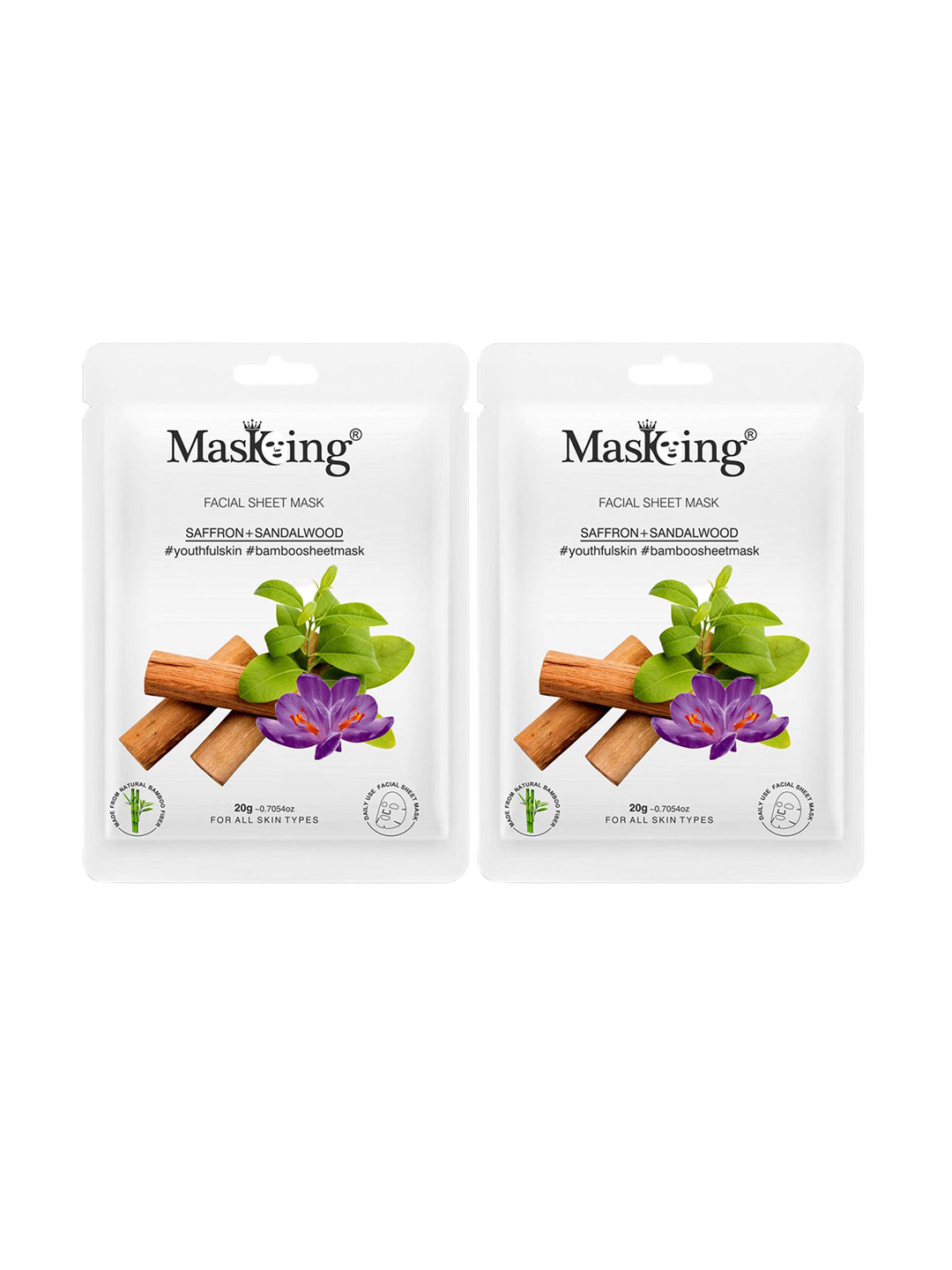 MasKing Unisex Pack of 2 Bamboo Facial Sheet Mask of Saffron & Sandalwood Ideal