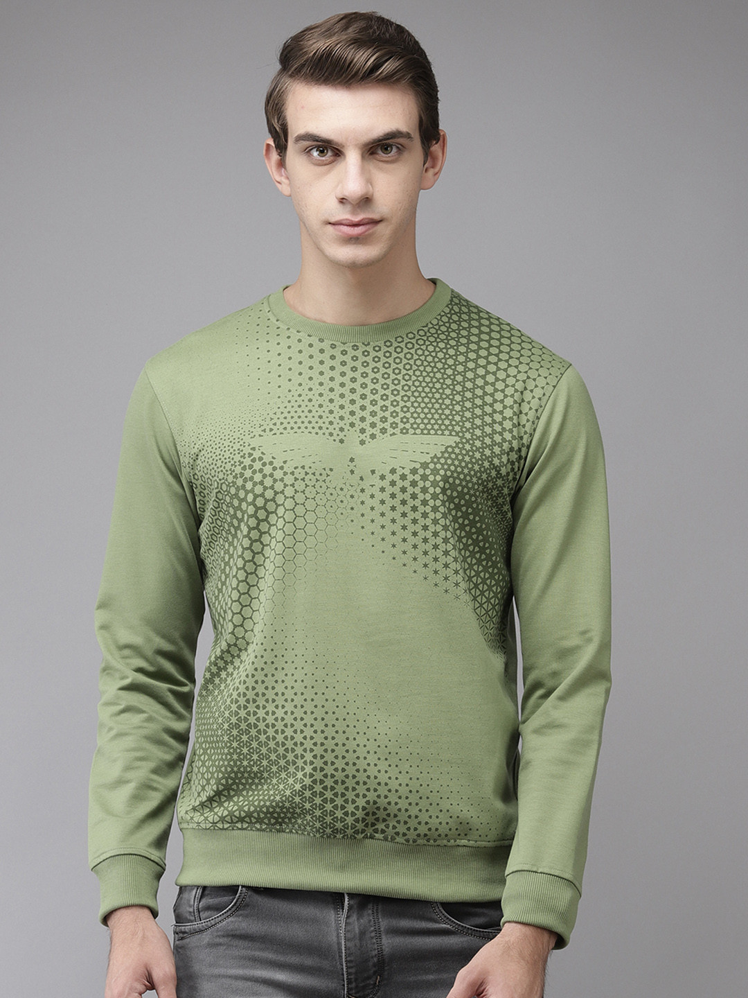 Park Avenue Men Olive Green Printed Sweatshirt