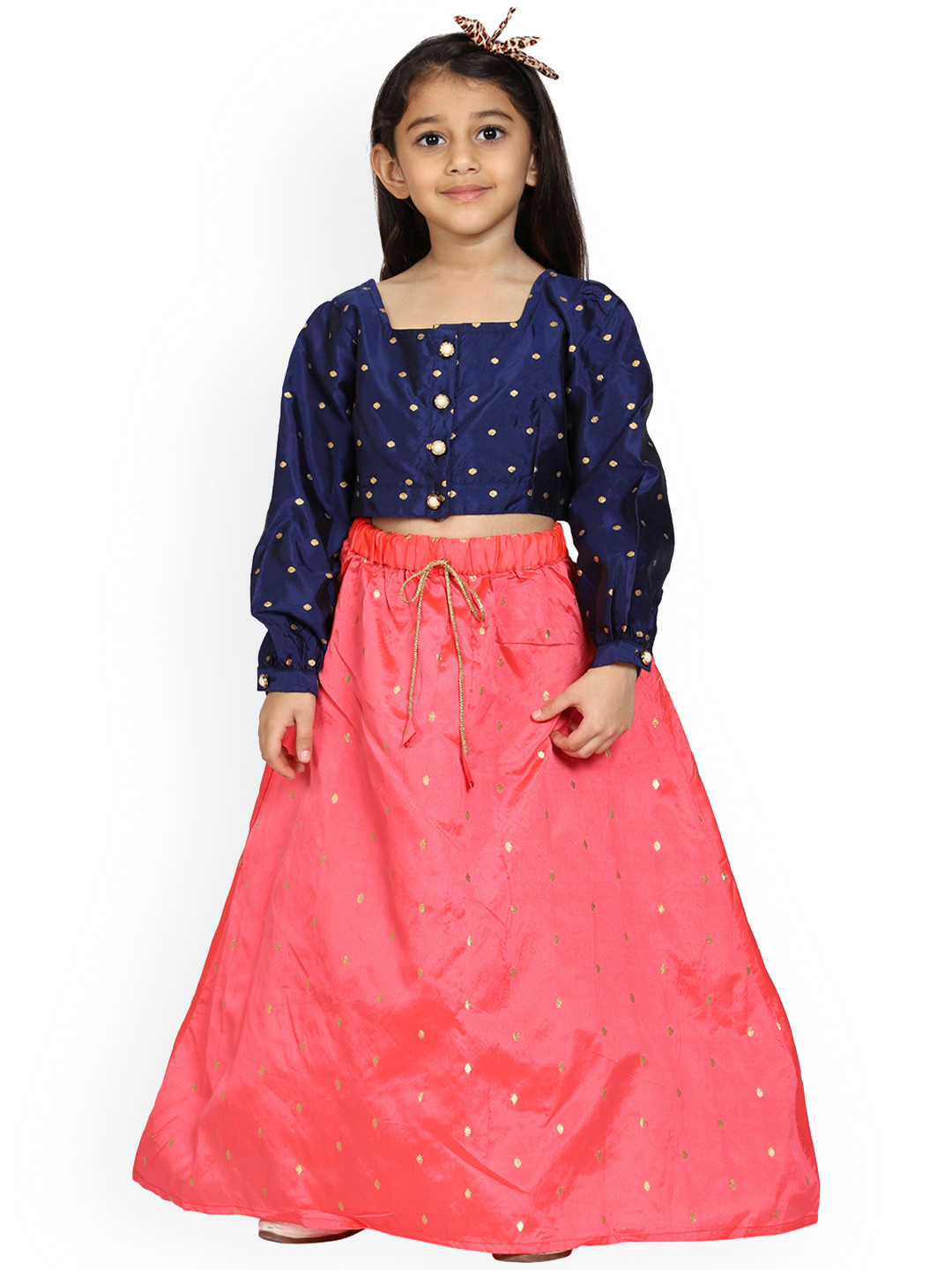 KiddoPanti Girls Navy Blue & Pink Embellished Ready to Wear Lehenga Choli