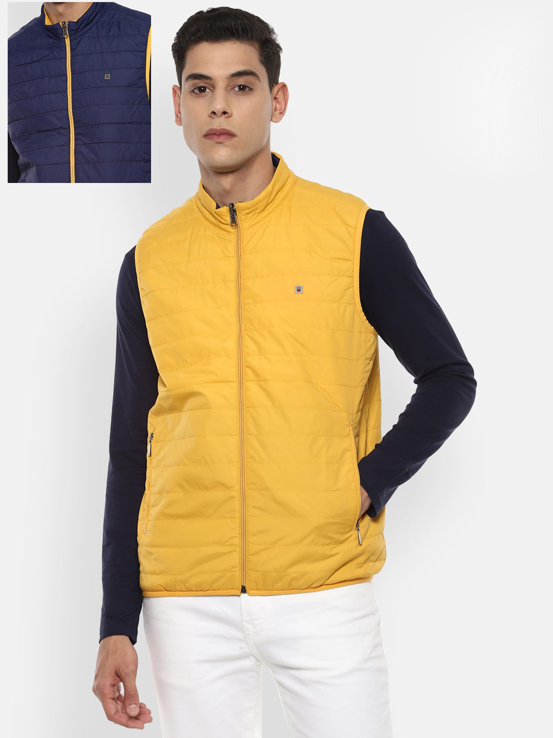 Louis Philippe Jeans Men Navy Blue & Yellow Reversible Padded Jacket