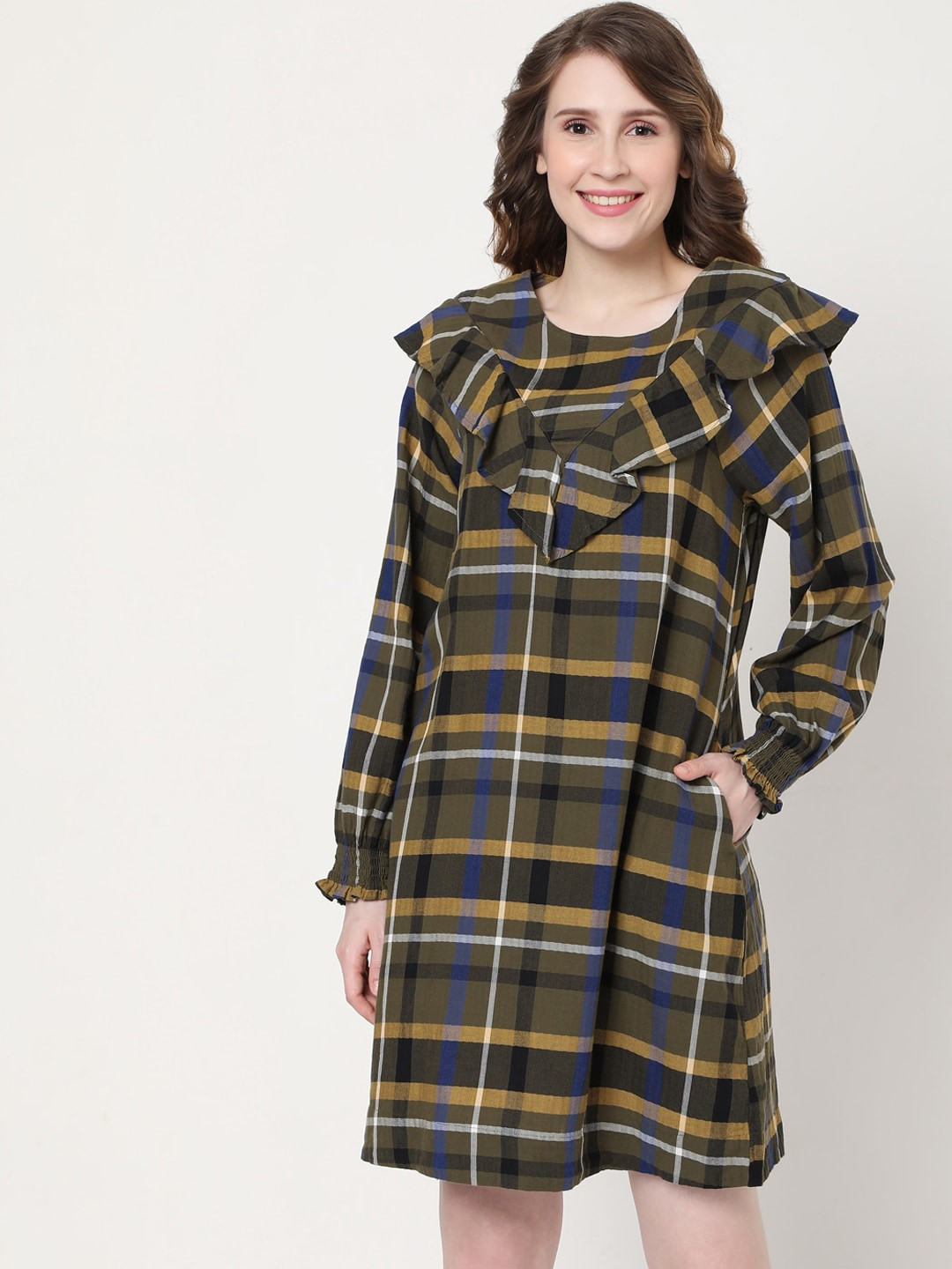 Vero Moda Women Olive & Yellow Checked Round Neck Shirt Dress