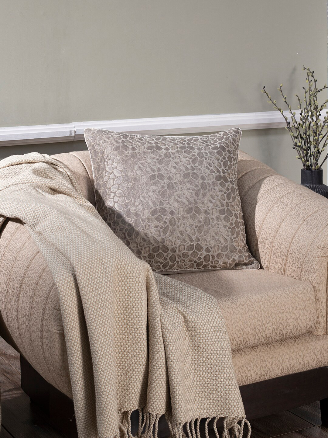 MASPAR Vintage Grandeur Beige Geometric Cotton Textured Square Cushion Cover -20x20In