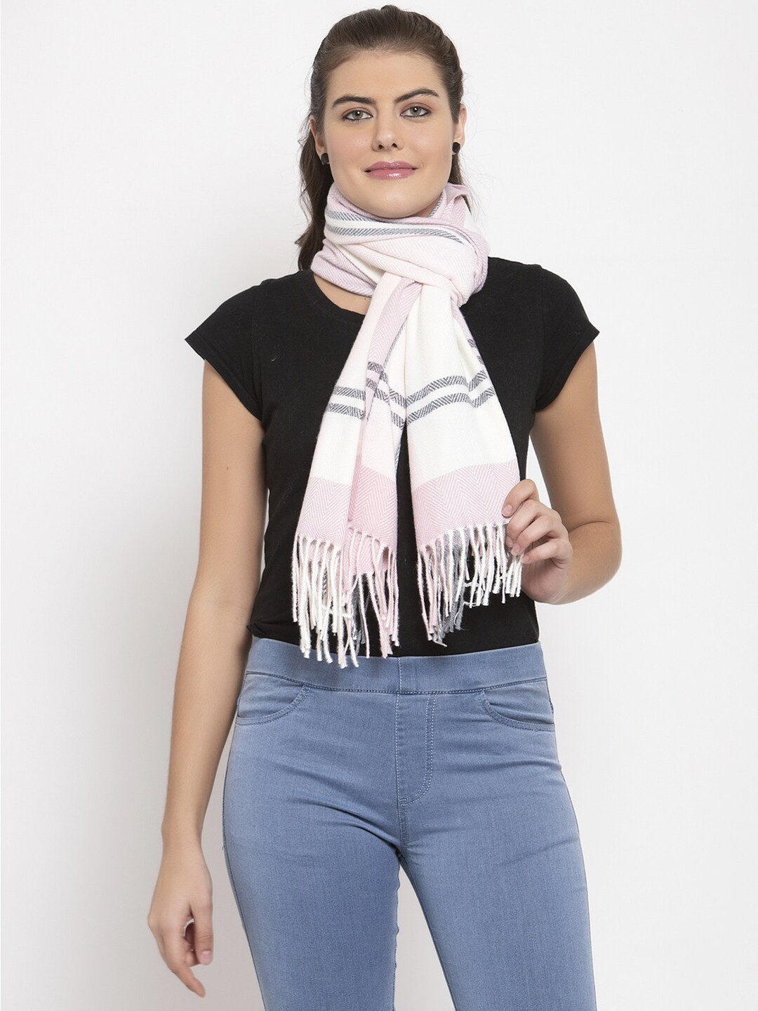 LOOM LEGACY Women Peach-Coloured & White Woven Design Stole
