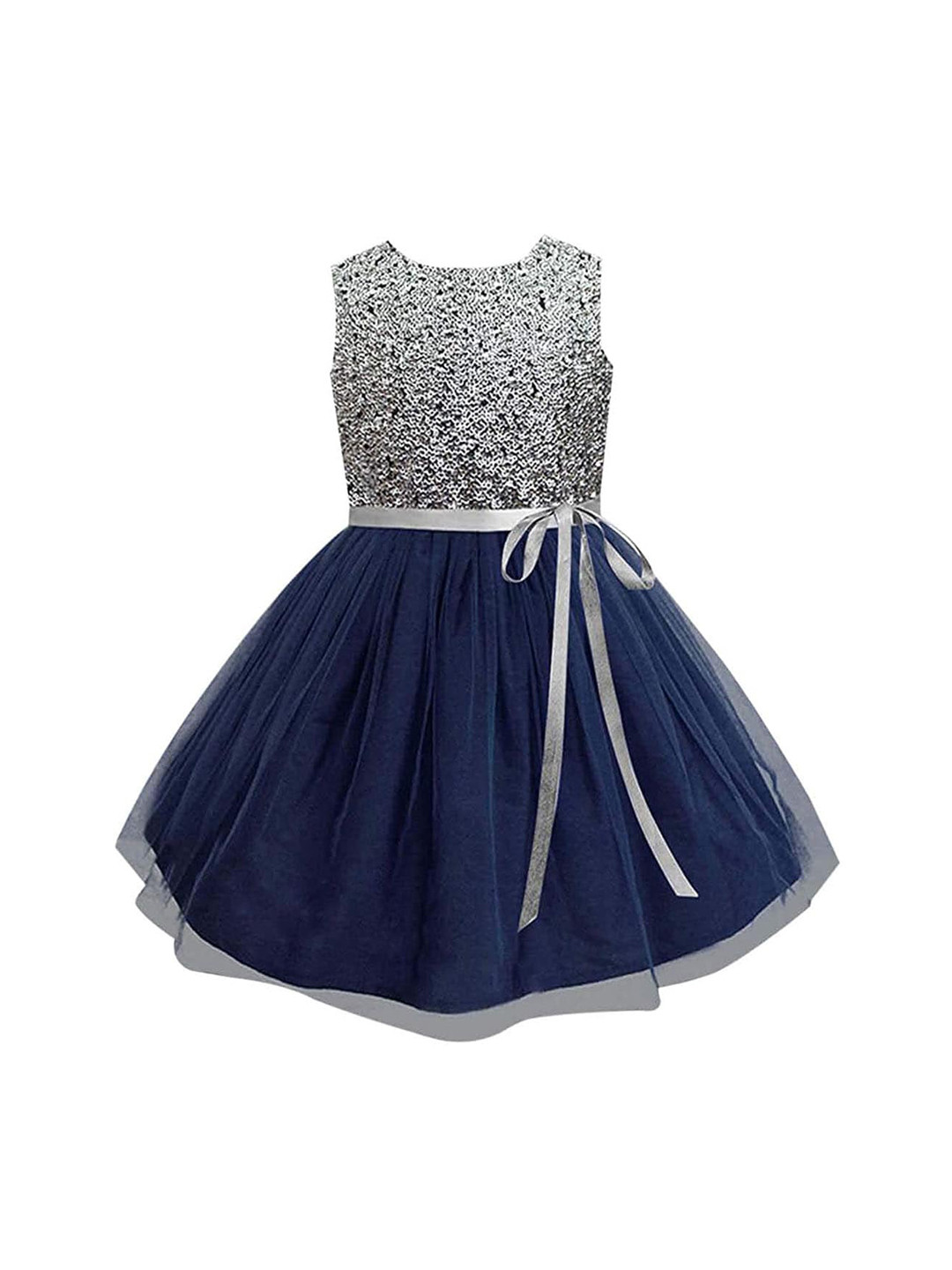 A.T.U.N. Girls  Silver-Toned & Navy Blue Embellished Round Neck Net Fit & Flare Dress