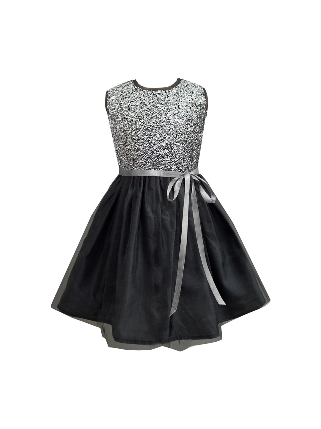 A T U N Silver-Toned & Black Colourblocked Net Dress