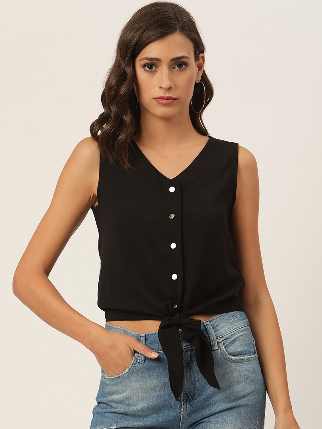 KENDALL & KYLIE Women Black V-Neck T-shirt