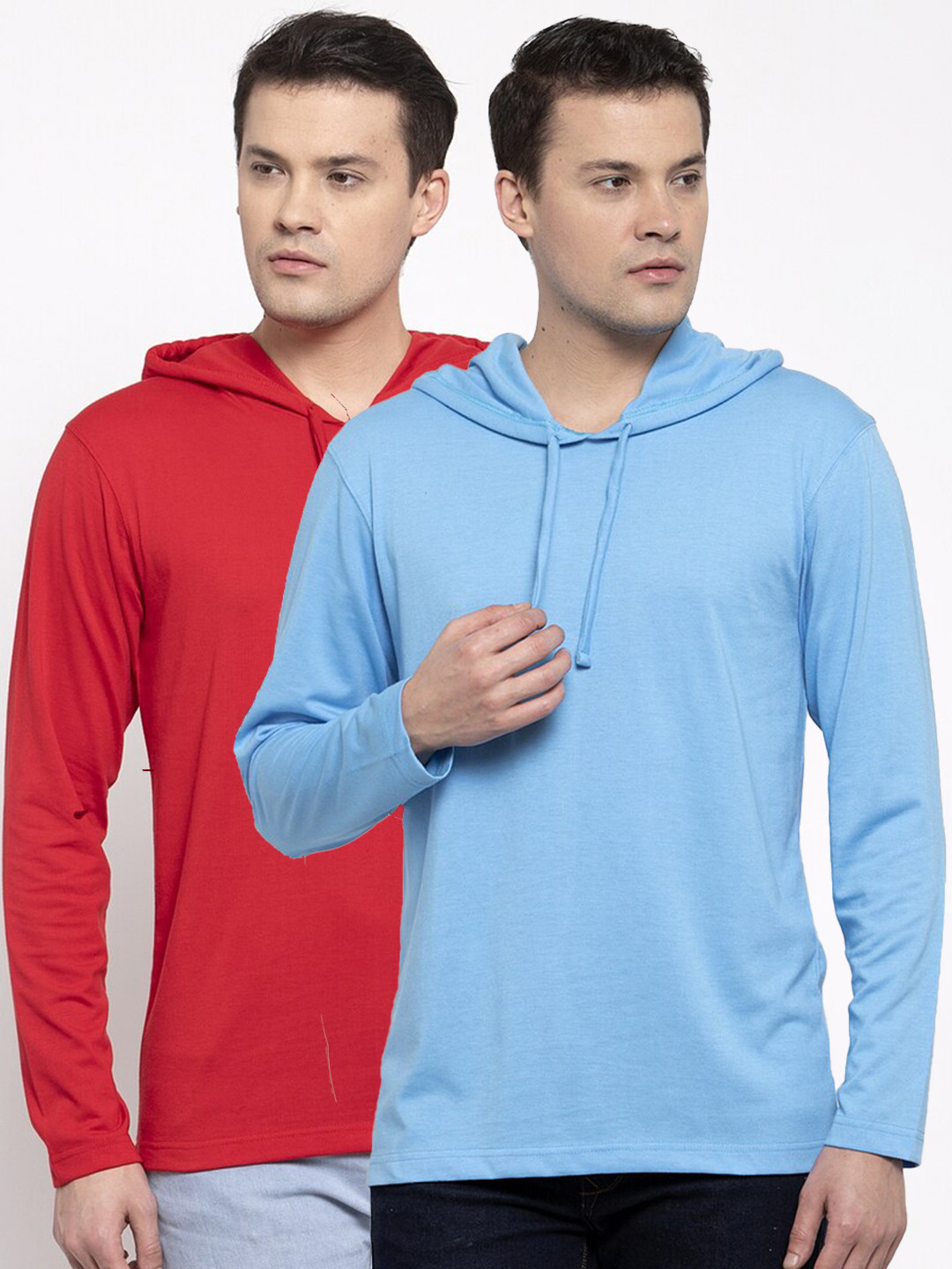 Friskers Men Pack Of 2 Red & Turquoise Blue Hooded T-shirt