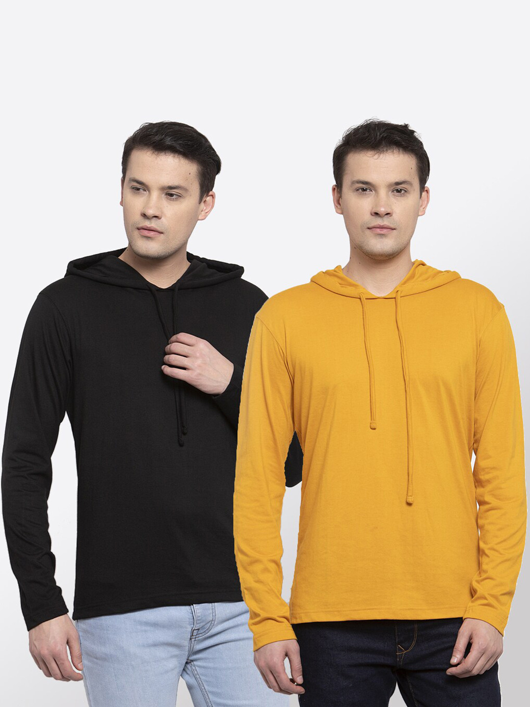 Friskers Men Pack Of 2 Black & Yellow Hooded T-shirt
