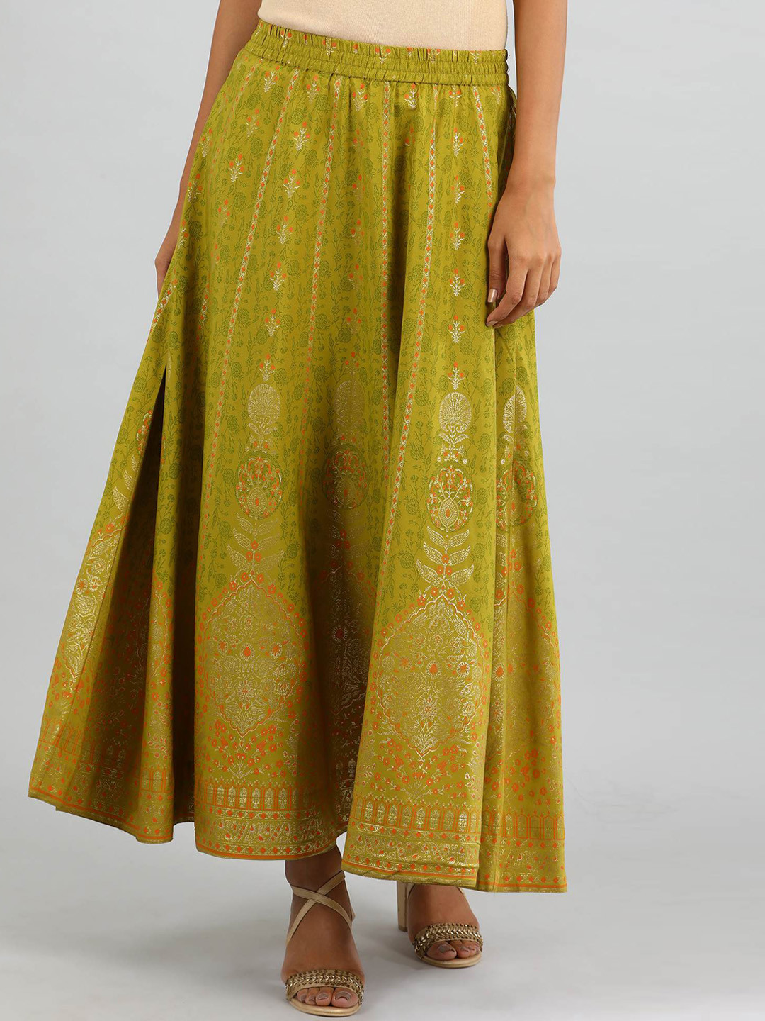 AURELIA Women Olive Green & Yellow Printed Flared Maxi-Skirt