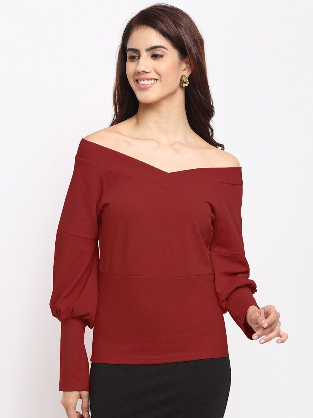 Sugathari Maroon Off-Shoulder Bishop Sleeves Sheen Bardot Top