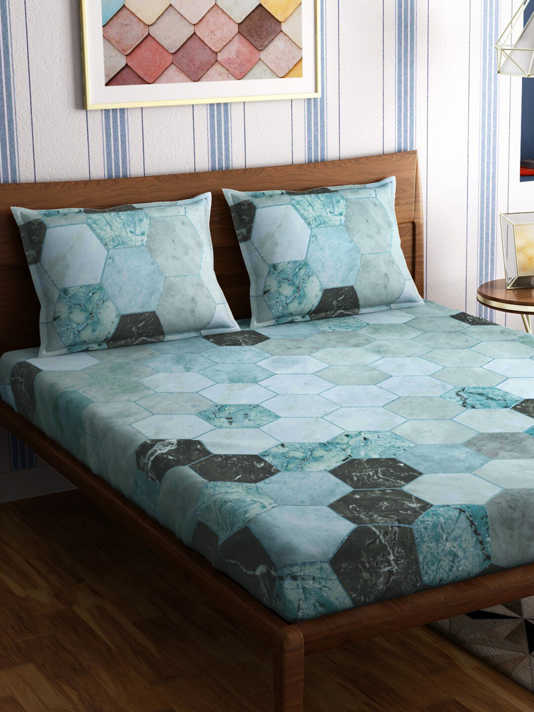 PETAL HOME Teal Hexagon 300 TC King Bedsheet with 2 Pillow Covers