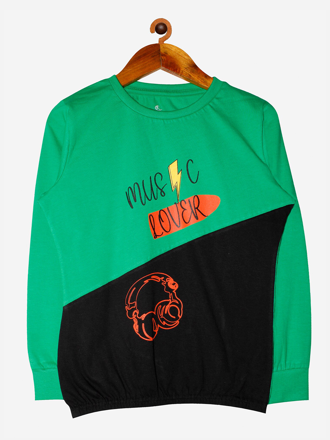 KiddoPanti Girls Green & Black Typography Printed Pure Cotton T-shirt