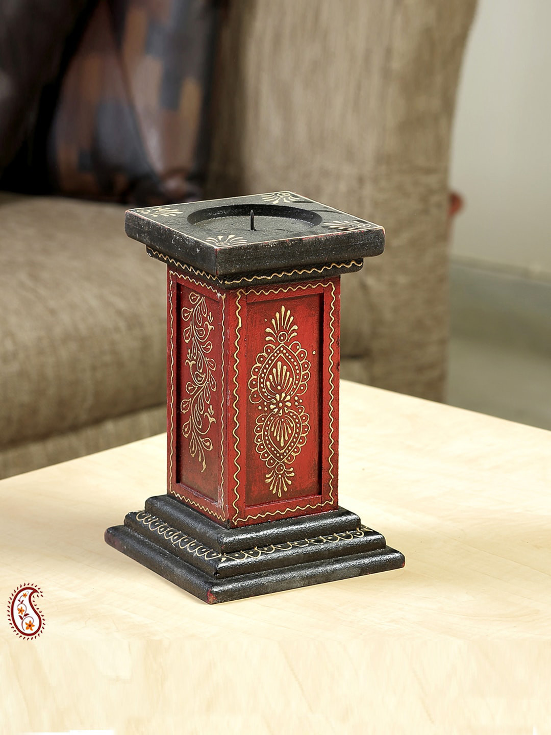 Aapno Rajasthan Red & Black Hand Painted Wooden Candle Holder