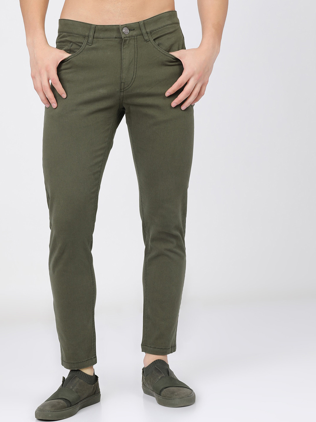 HIGHLANDER Men Olive Green Tapered Fit Easy Wash Trousers