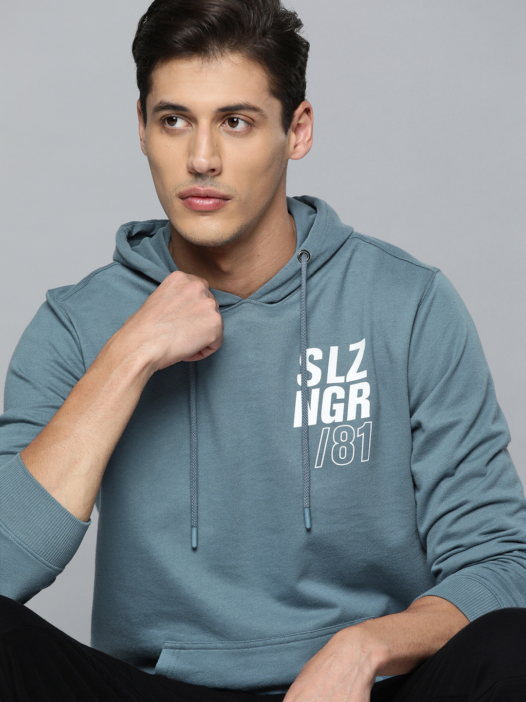 Slazenger Men Blue & White Printed Hooded Sweatshirt