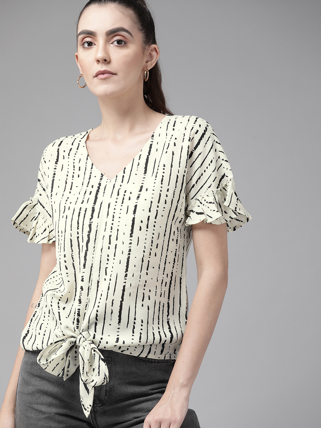 Roadster Off White & Black Striped Extended Sleeves Top