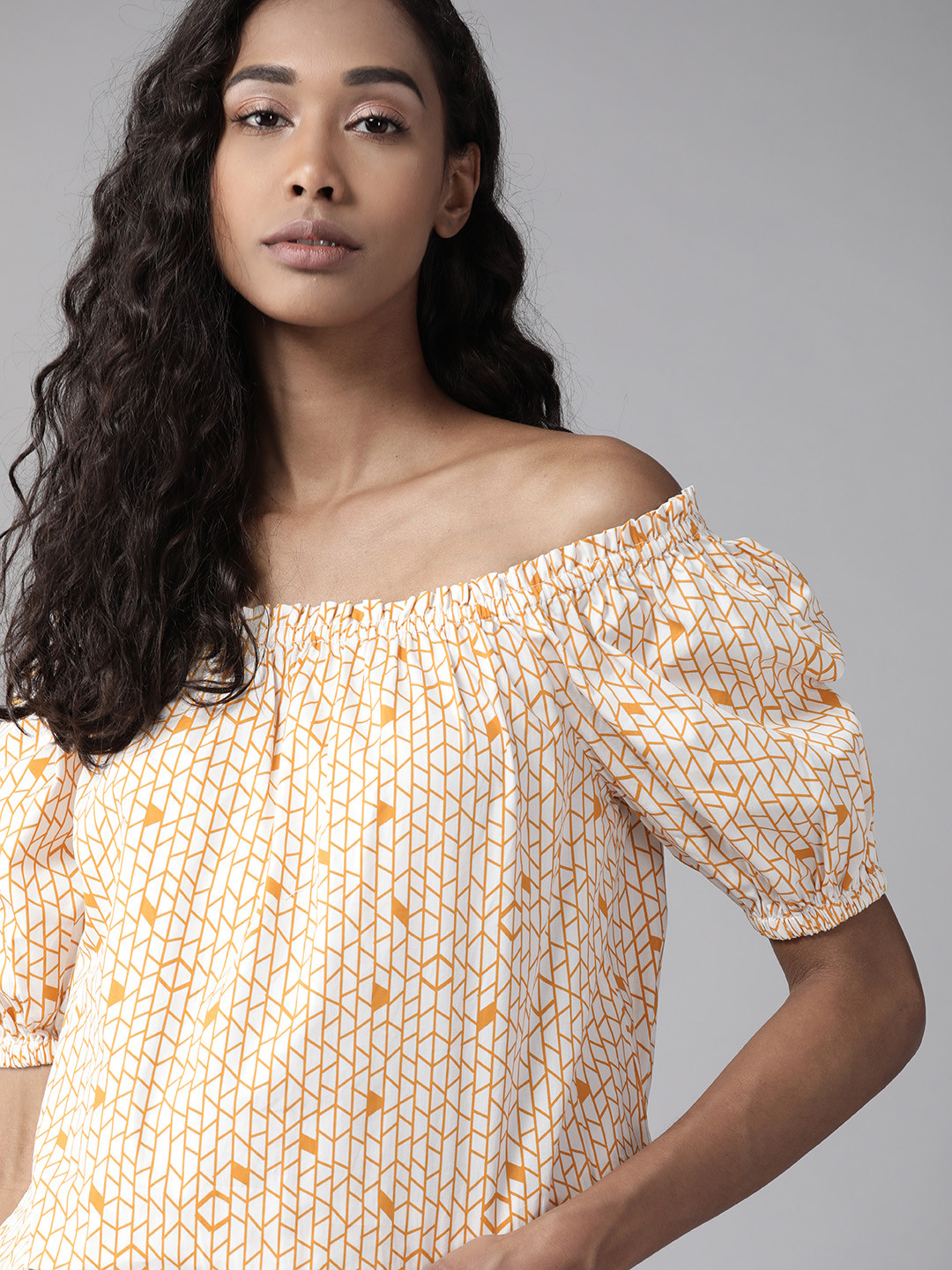 The Roadster Lifestyle Co Women Off White & Mustard Brown Geometric Print Pure Cotton Off-Shoulder Top