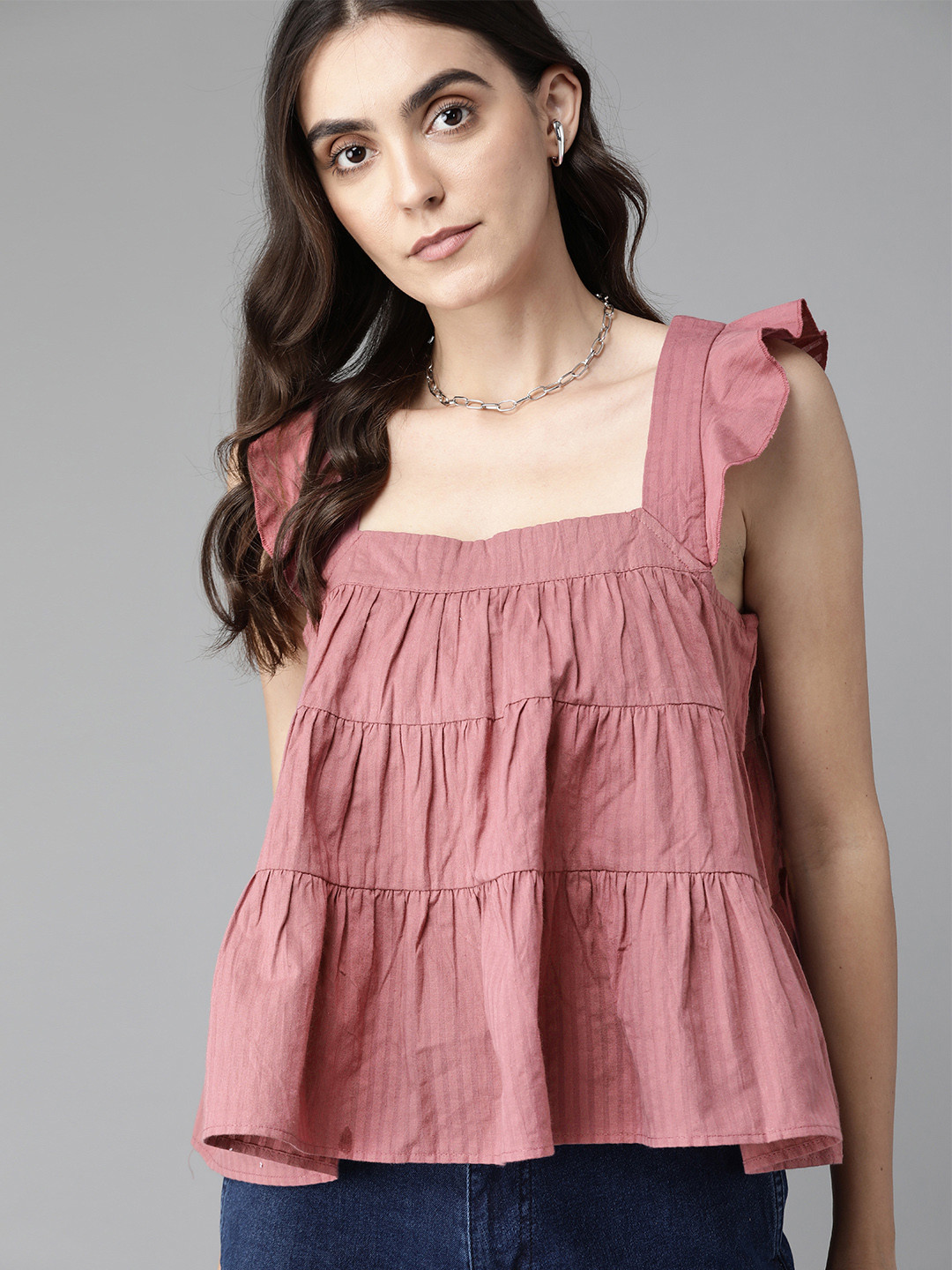 The Roadster Lifestyle Co Women Rose Solid Pure Cotton Seersucker Tiered A-Line Top