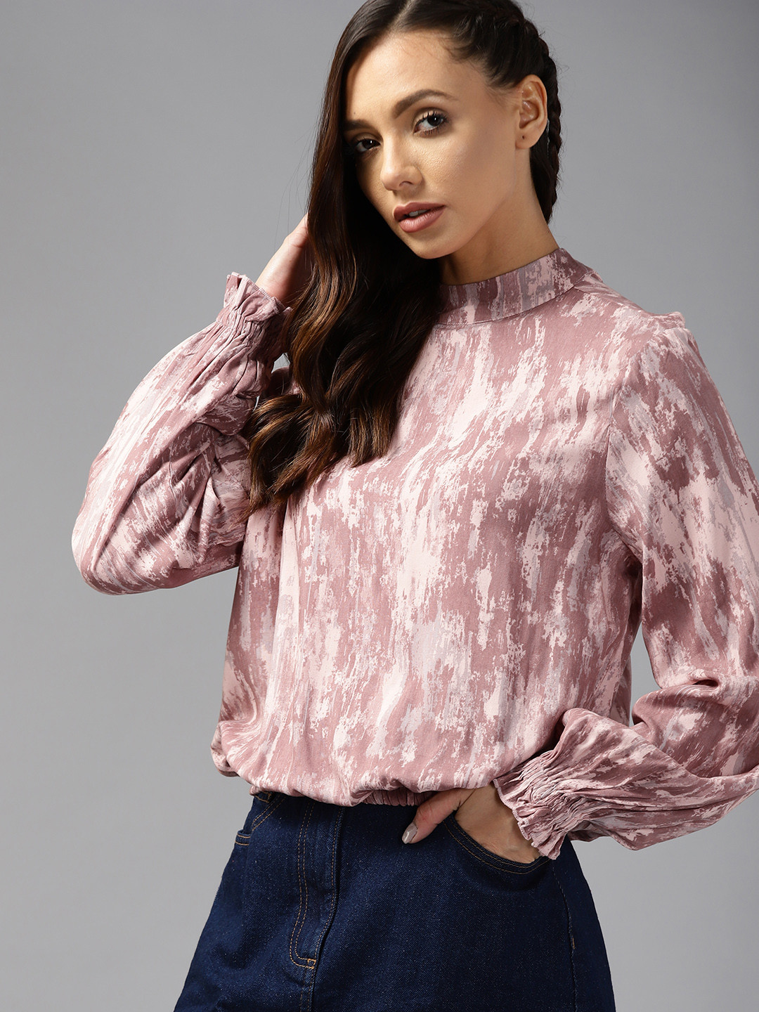 Roadster Pink & Taupe Print Halter Neck Blouson Top