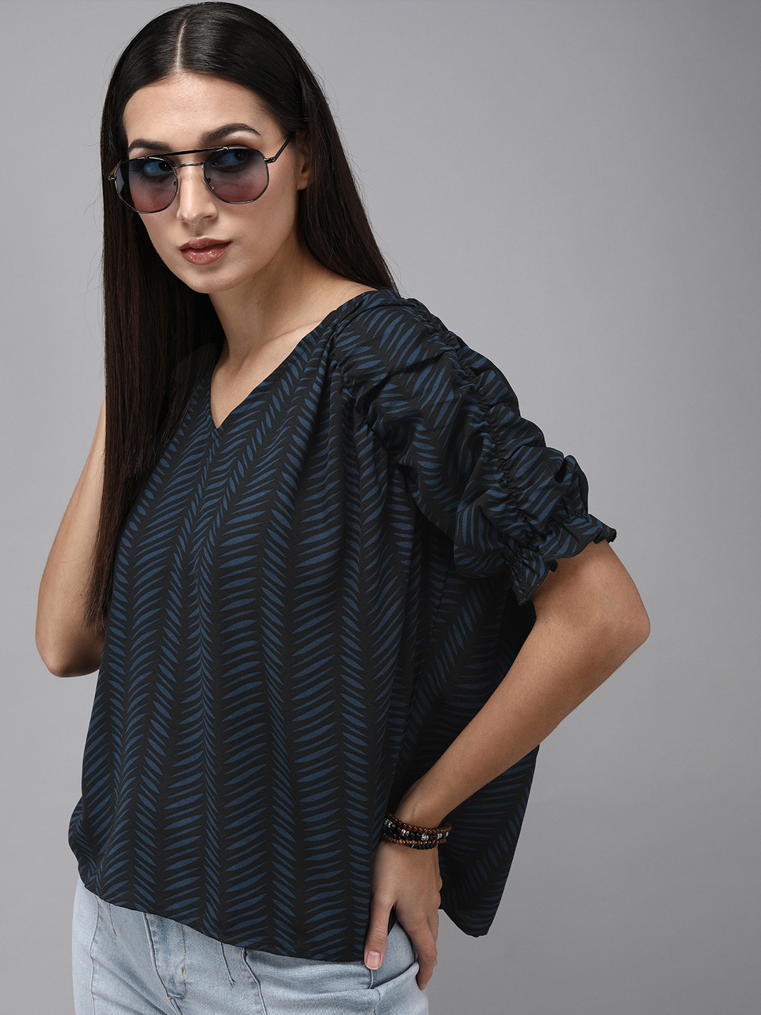 Roadster Blue & Black Conversational Print V-Neck Ruched Puff Sleeves Ruffles Regular Top