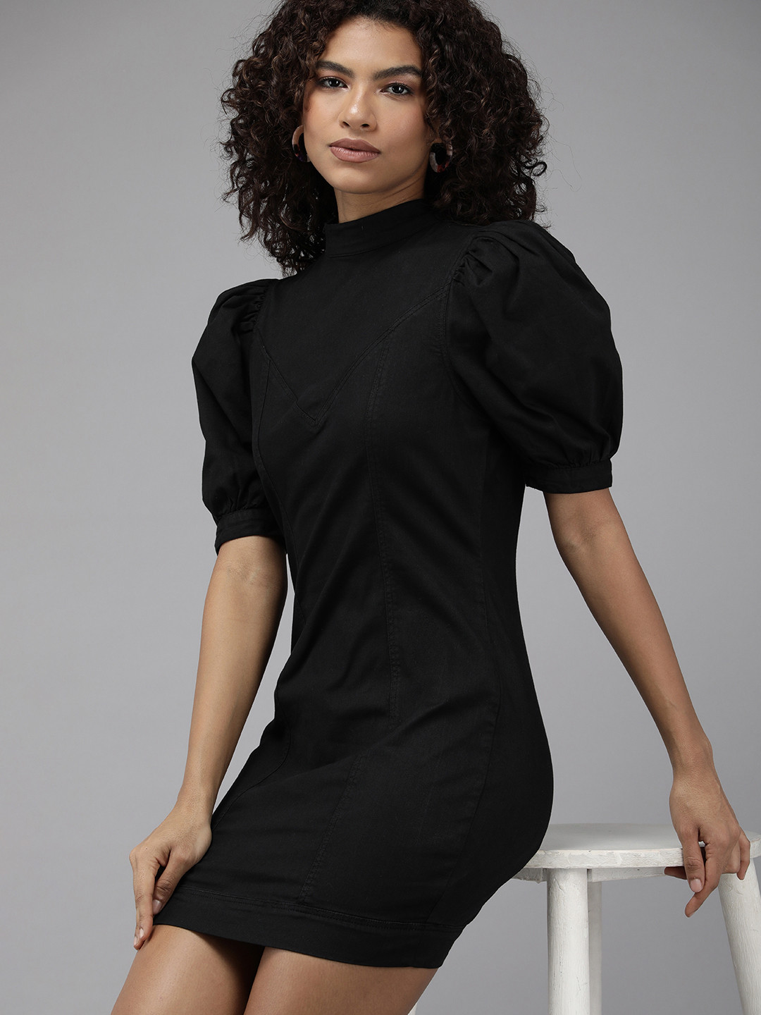 The Roadster Life Co. Women Mock Collar Puff Sleeves Denim Bodycon Dress