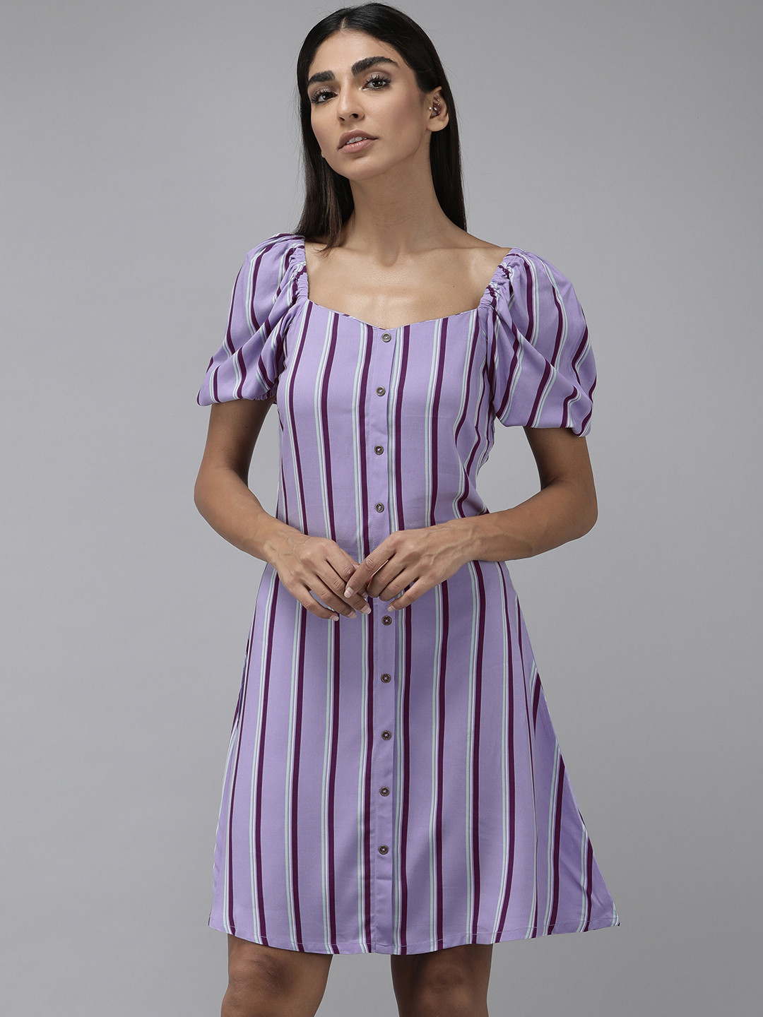 The Roaster Lifestyle Co. Women Lavender & White Striped A-Line Dress