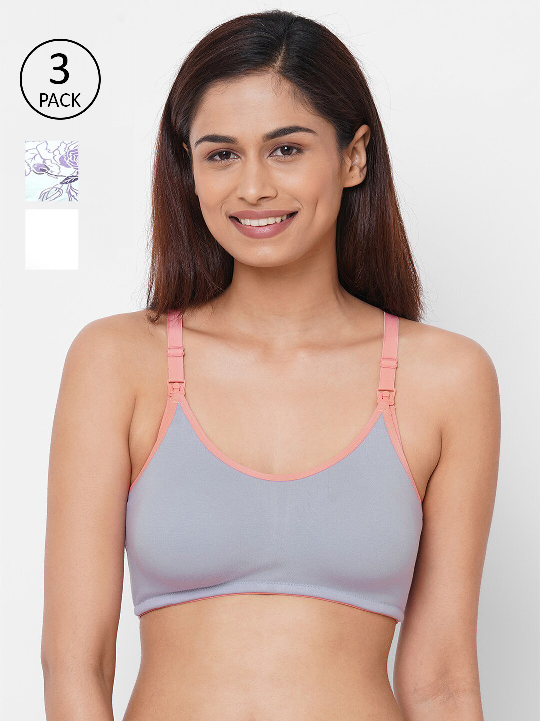 Inner Sense Pack of 3 White & Grey Floral Maternity Bra IMB004B_4D_4F