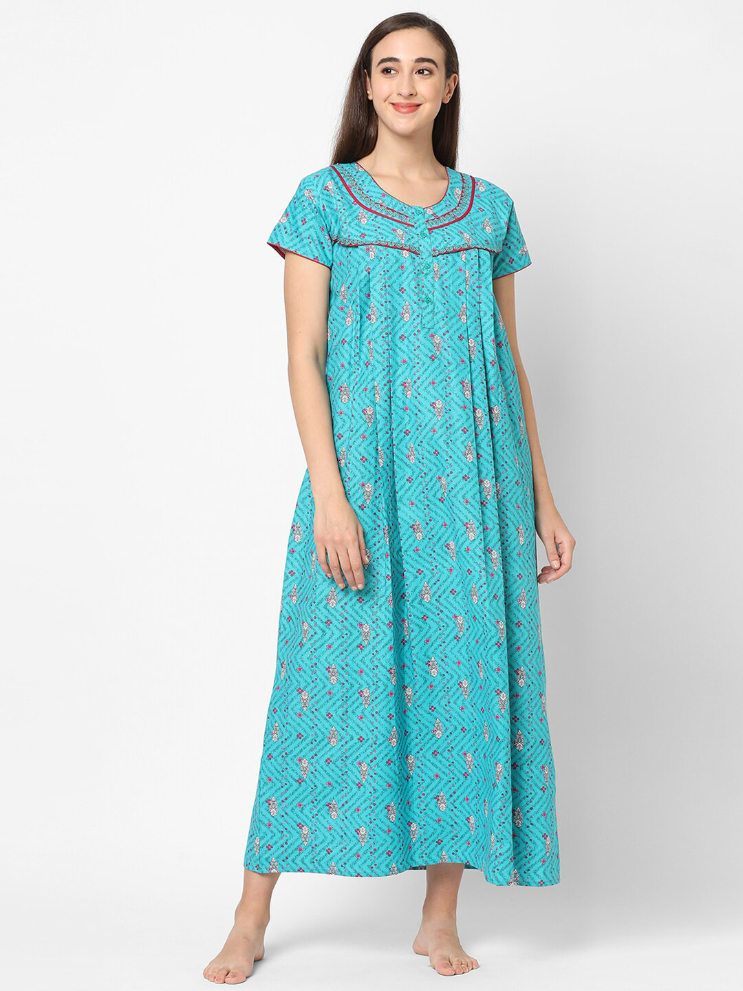 Sweet Dreams Turquoise Blue & Red Floral Printed Maxi Nightdress