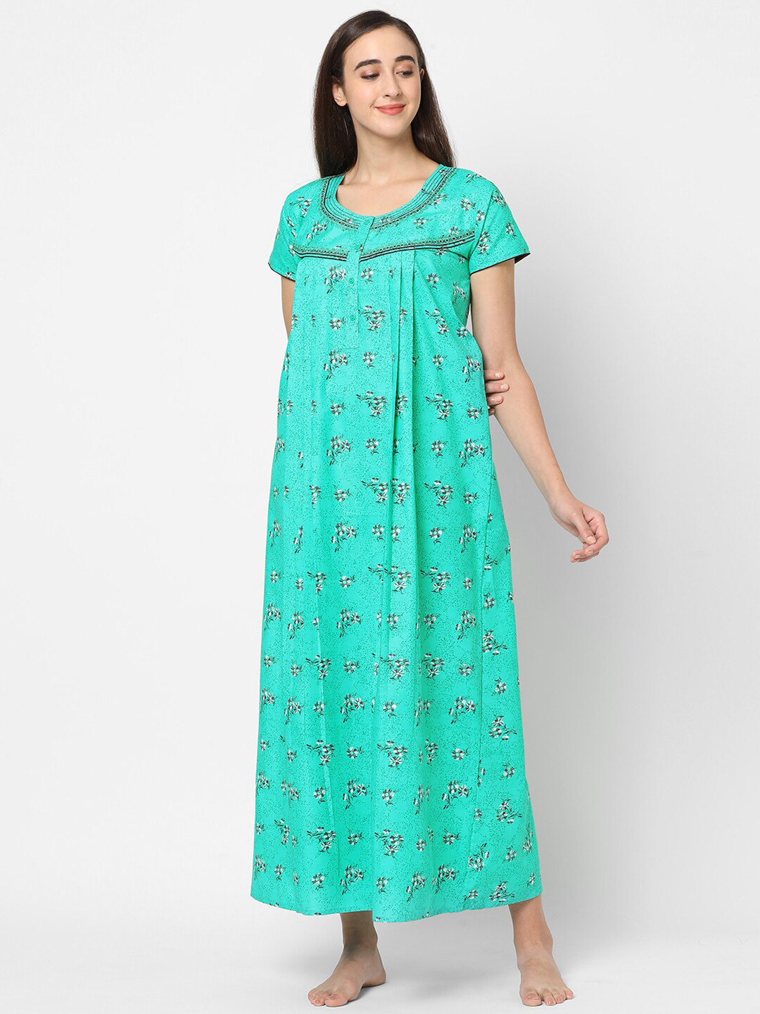 Sweet Dreams Green & White Floral Printed Maxi Nightdress