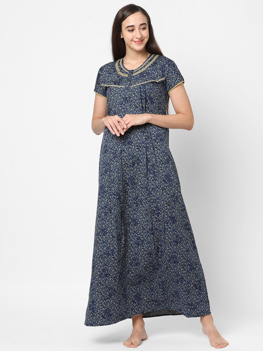 Sweet Dreams Navy Blue & Biege Floral Printed Maxi Nightdress