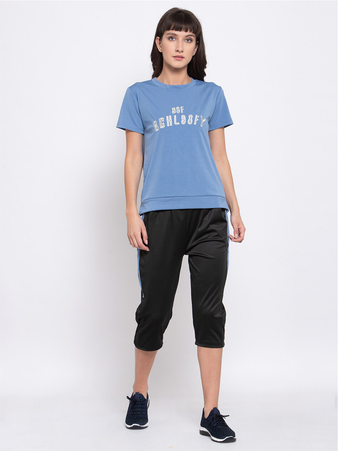 iki chic Women Blue & Black Printed T-shirt with Capris
