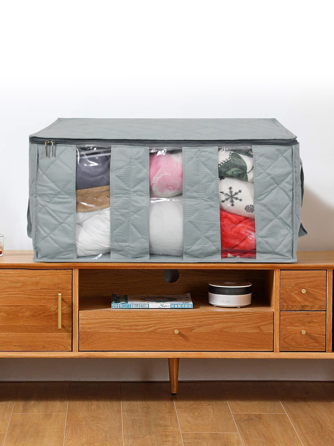 prettykrafts Grey Solid Underbed Storage Bags With Transparent Window