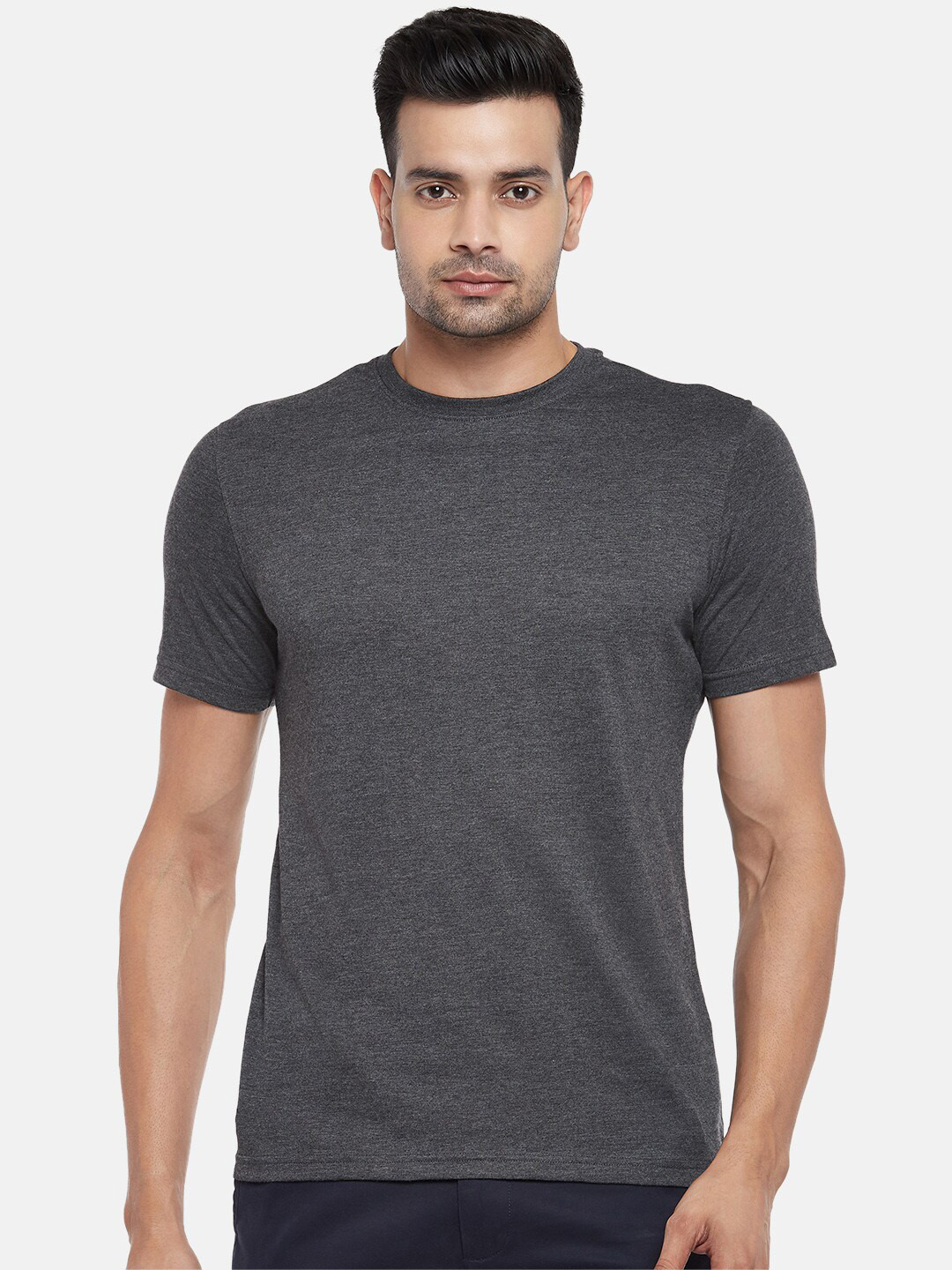 BYFORD by Pantaloons Men Charcoal Black Pure Cotton T-shirt