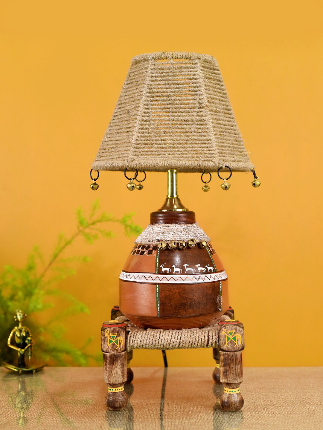 AAKRITI ART CREATIONS Brown & Beige Handcrafted Rosewood & Jute Terracotta Table Lamp